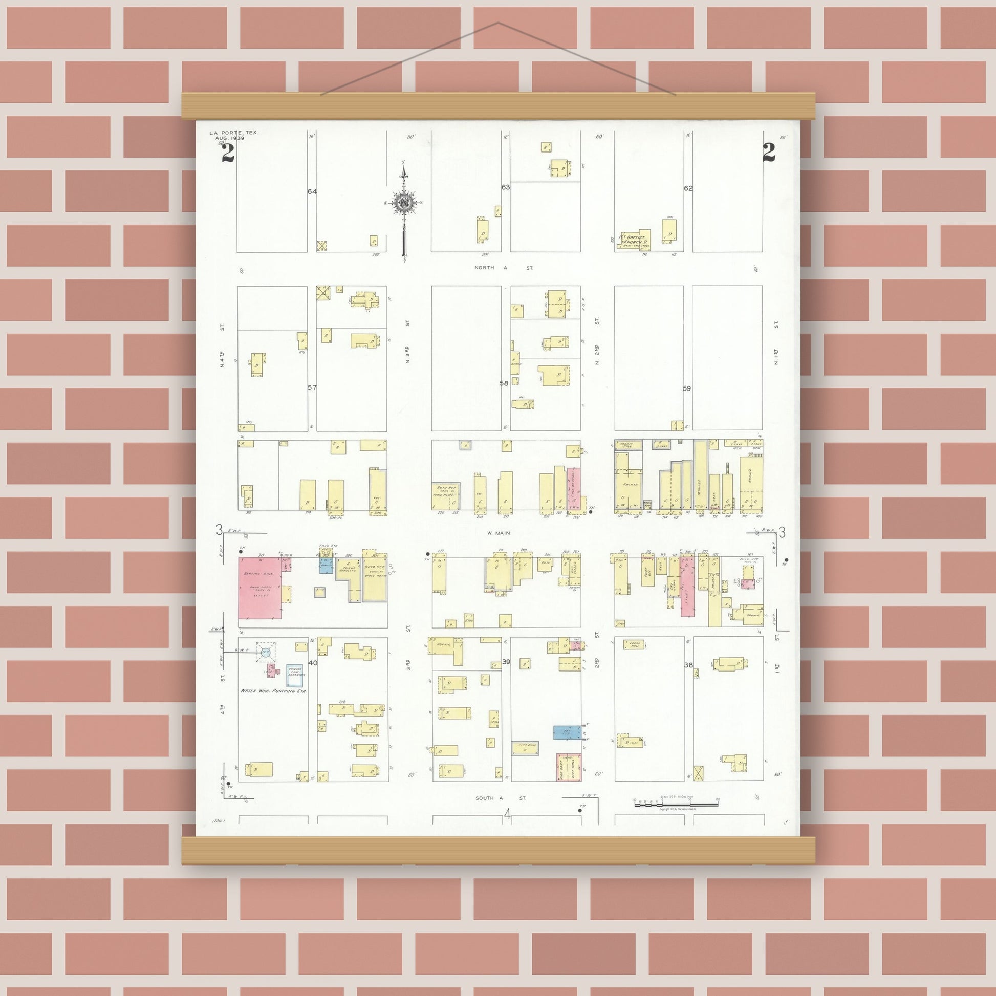 Old map wall art mockup — magnetic wood frame on brick wall — Sanborn Fire Insurance Map from La Porte, Harris County, Texas (1939), Sheet #0002