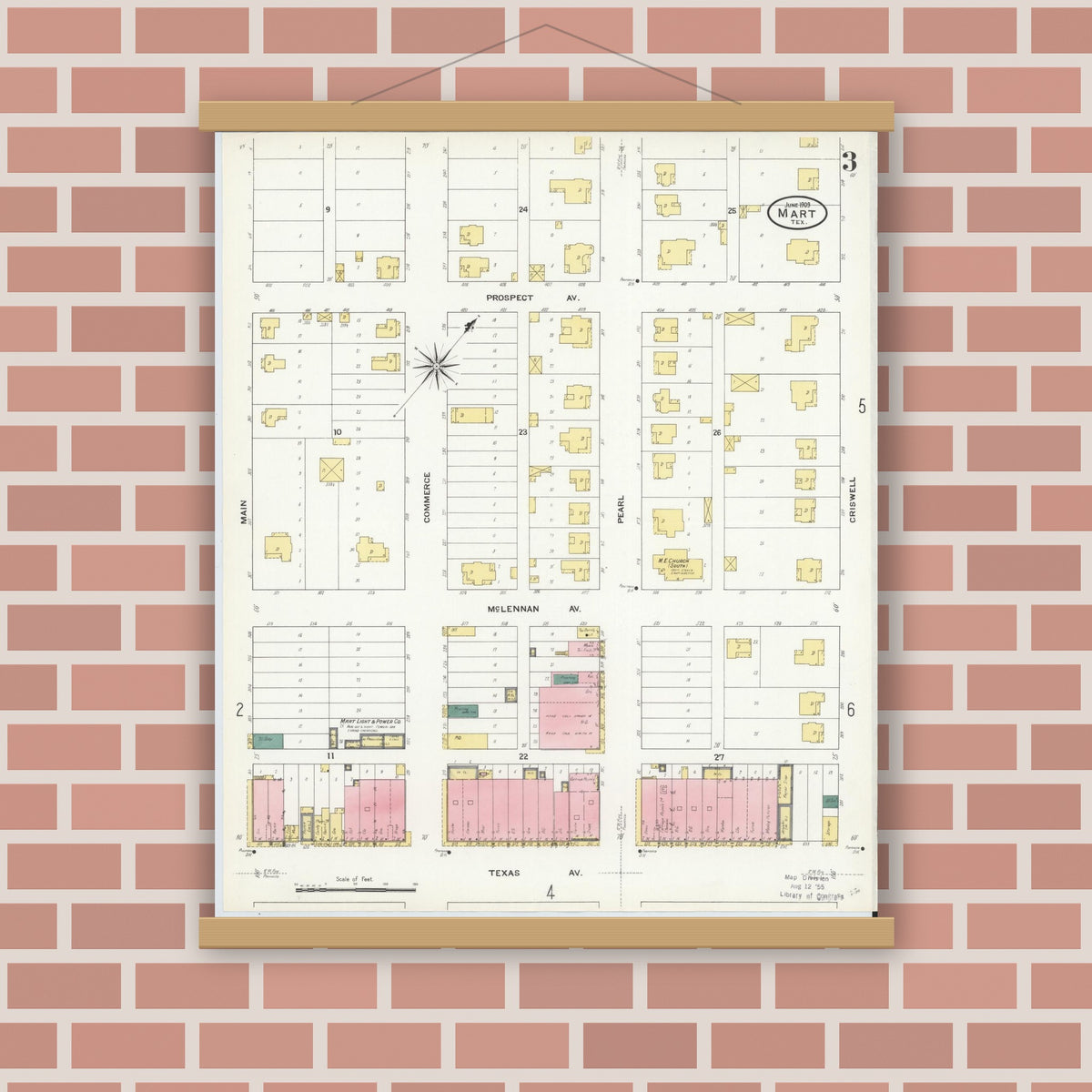 Old map wall art mockup — magnetic wood frame on brick wall — Sanborn Fire Insurance Map from Mart, McLennan County, Texas (1909), Sheet #0003