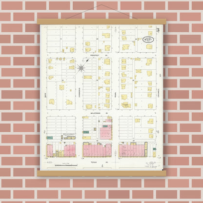 Old map wall art mockup — magnetic wood frame on brick wall — Sanborn Fire Insurance Map from Mart, McLennan County, Texas (1909), Sheet #0003