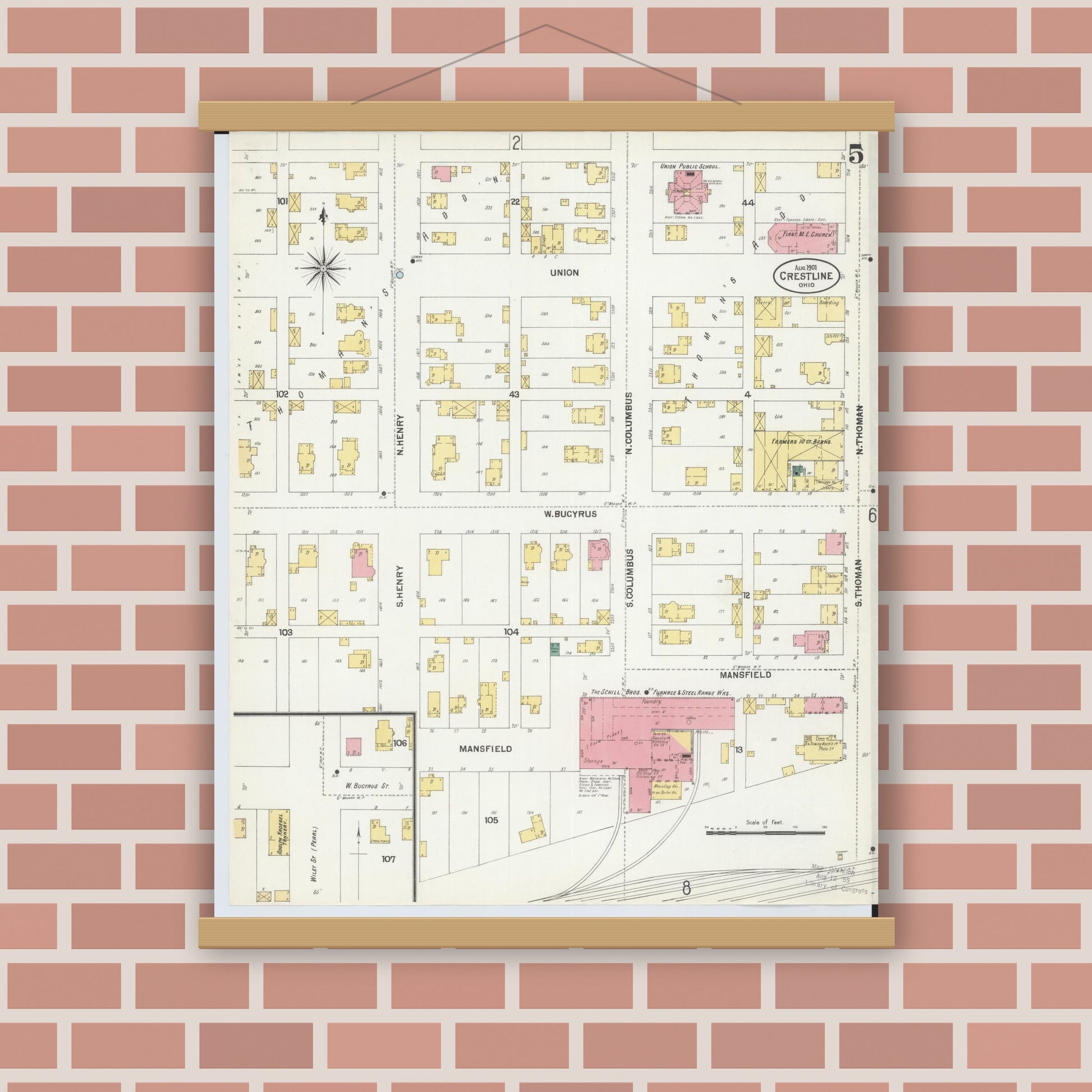 Old map wall art mockup — magnetic wood frame on brick wall — Sanborn Fire Insurance Map from Crestline, Crawford County, Ohio (1901), Sheet #0005