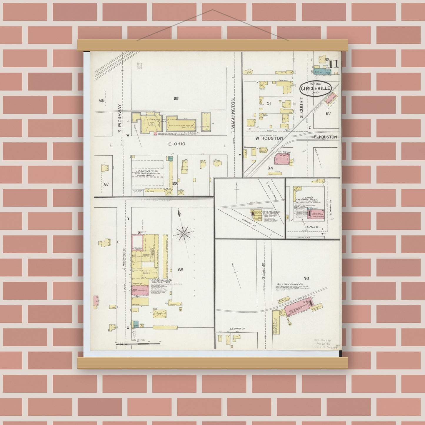 Old map wall art mockup — magnetic wood frame on brick wall — Sanborn Fire Insurance Map from Circleville, Pickaway County, Ohio (1893), Sheet #0011