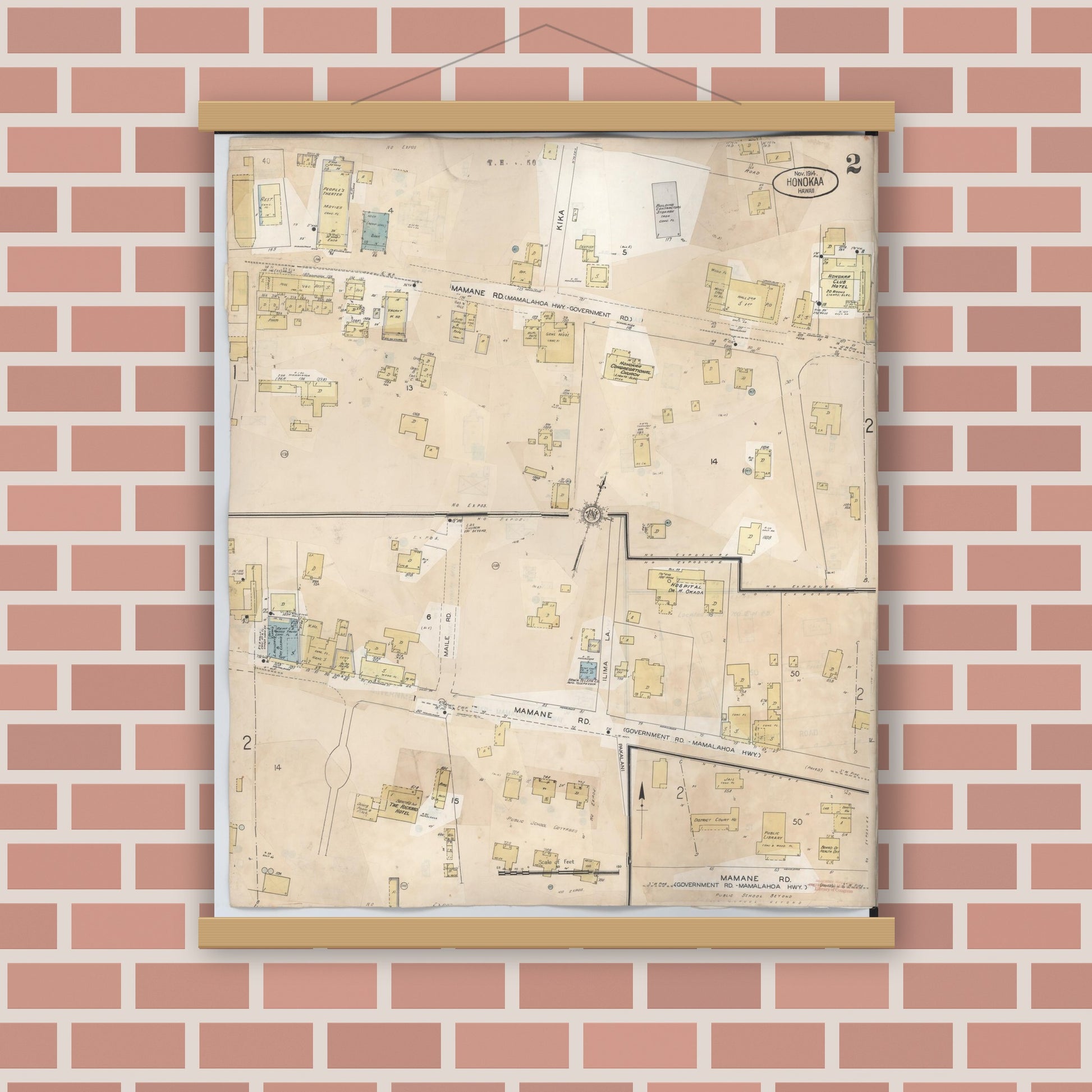 Old map wall art mockup — magnetic wood frame on brick wall — Sanborn Fire Insurance Map from Honokaa, Hawaii County, Hawaii (1956), Sheet #0002