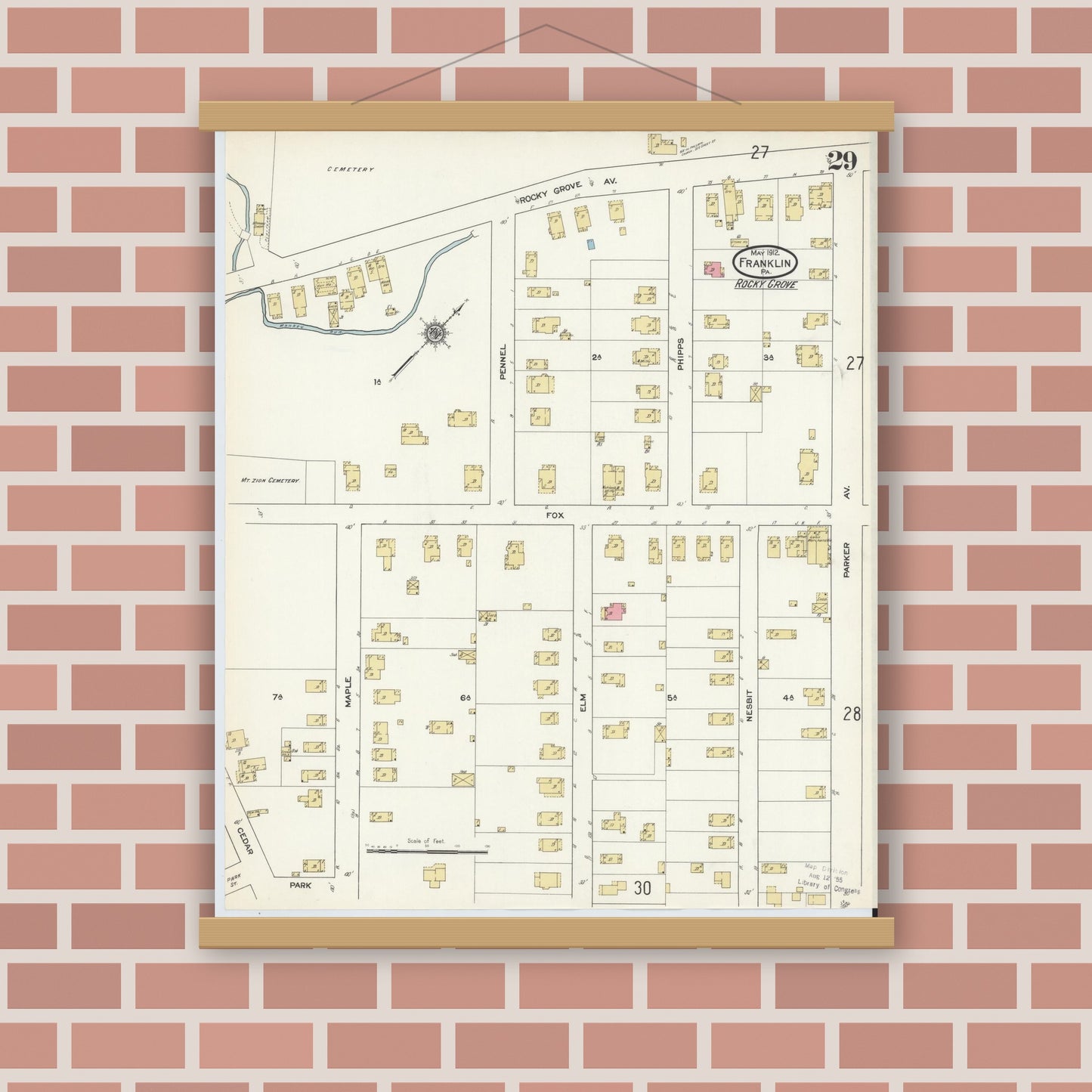 Old map wall art mockup — magnetic wood frame on brick wall — Sanborn Fire Insurance Map from Franklin, Venango County, Pennsylvania (1912), Sheet #0029