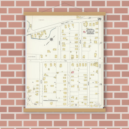 Old map wall art mockup — magnetic wood frame on brick wall — Sanborn Fire Insurance Map from Franklin, Venango County, Pennsylvania (1912), Sheet #0029