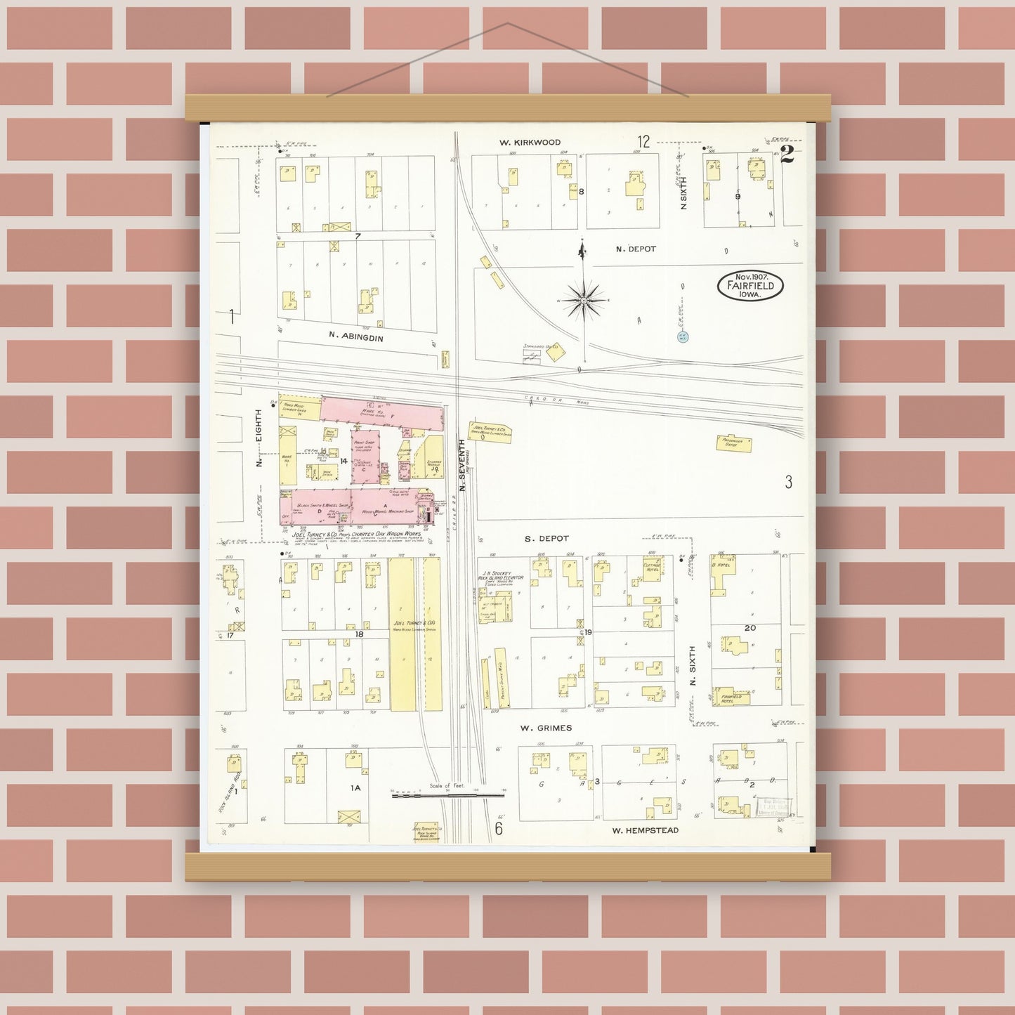 Old map wall art mockup — magnetic wood frame on brick wall — Sanborn Fire Insurance Map from Fairfield, Jefferson County, Iowa (1907), Sheet #0002