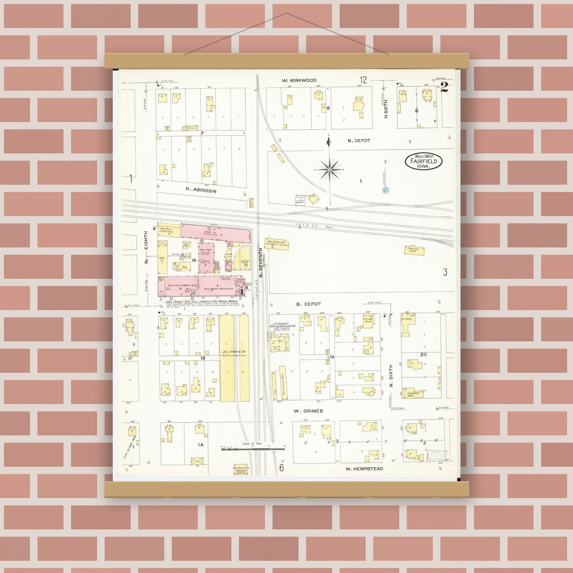 Old map wall art mockup — magnetic wood frame on brick wall — Sanborn Fire Insurance Map from Fairfield, Jefferson County, Iowa (1907), Sheet #0002