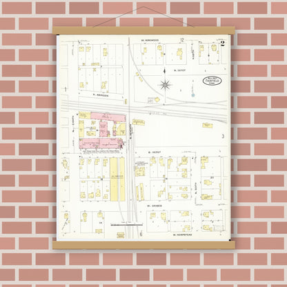 Old map wall art mockup — magnetic wood frame on brick wall — Sanborn Fire Insurance Map from Fairfield, Jefferson County, Iowa (1907), Sheet #0002