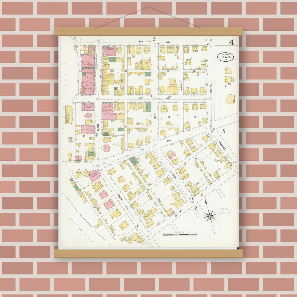 Old map wall art mockup — magnetic wood frame on brick wall — Sanborn Fire Insurance Map from Irwin, Westmoreland County, Pennsylvania (1904), Sheet #0004
