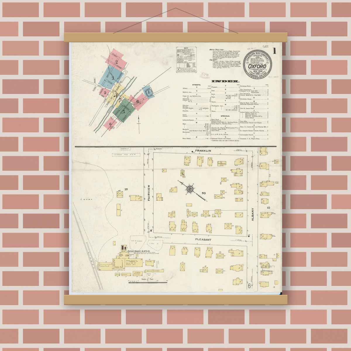 Old map wall art mockup — magnetic wood frame on brick wall — Sanborn Fire Insurance Map from Oxford, Chenango County, New York (1910), Sheet #0001