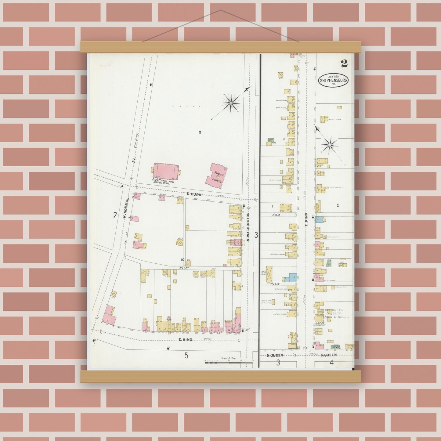 Old map wall art mockup — magnetic wood frame on brick wall — Sanborn Fire Insurance Map from Shippensburg, Cumberland And Franklin Counties, Pennsylvania (1899), Sheet #0002
