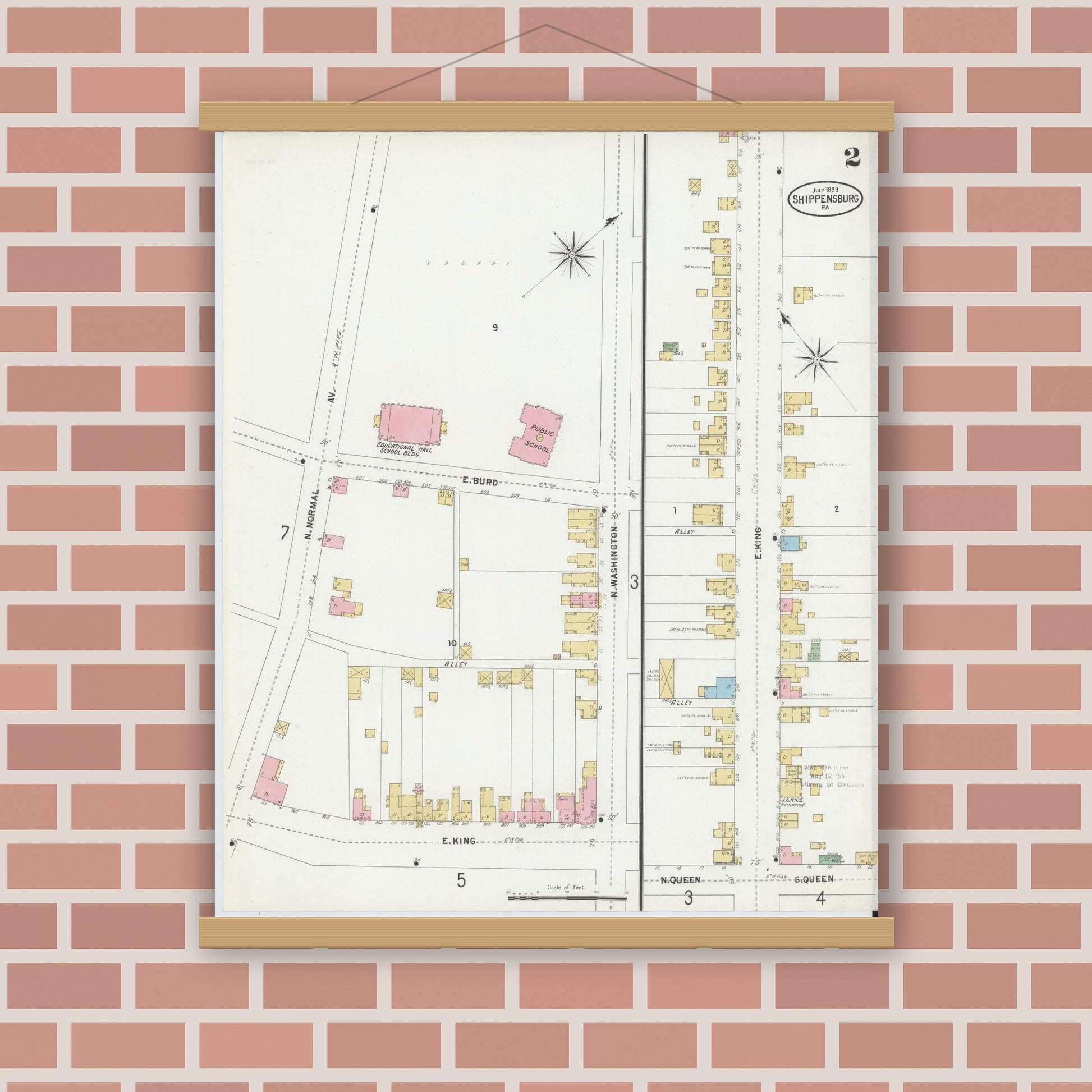 Old map wall art mockup — magnetic wood frame on brick wall — Sanborn Fire Insurance Map from Shippensburg, Cumberland And Franklin Counties, Pennsylvania (1899), Sheet #0002