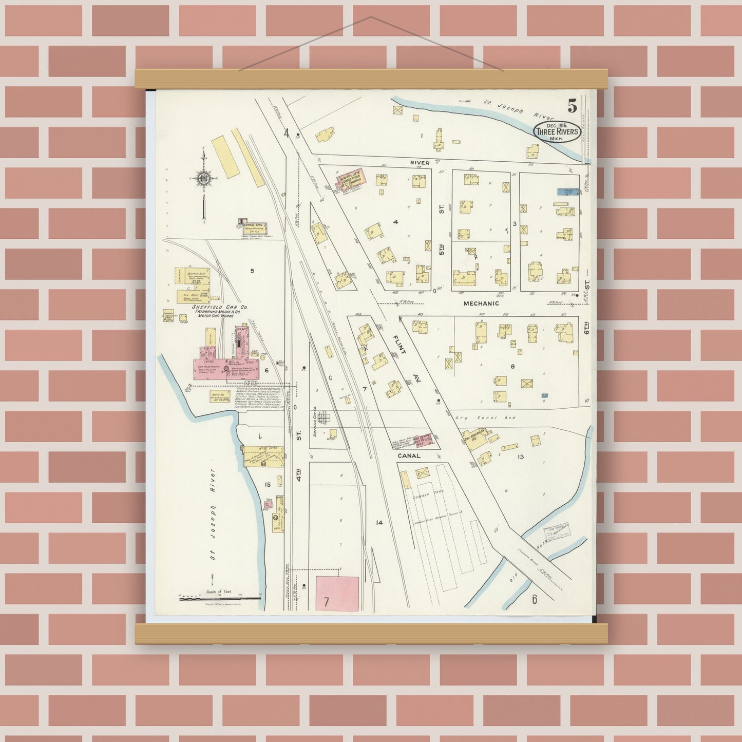 Old map wall art mockup — magnetic wood frame on brick wall — Sanborn Fire Insurance Map from Three Rivers, Saint Joseph County, Michigan (1916), Sheet #0005