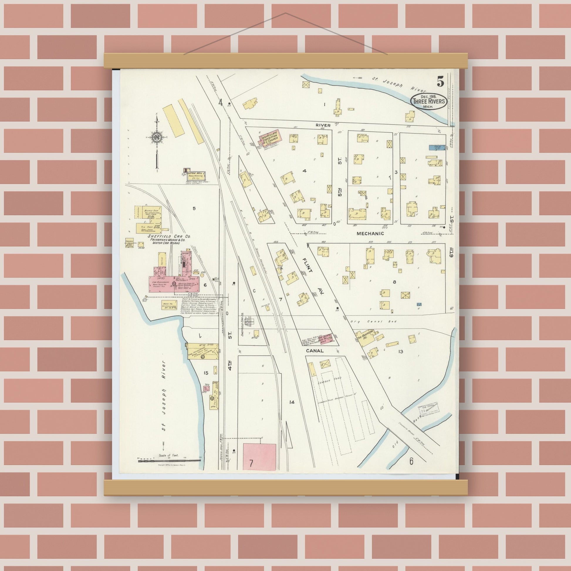 Old map wall art mockup — magnetic wood frame on brick wall — Sanborn Fire Insurance Map from Three Rivers, Saint Joseph County, Michigan (1916), Sheet #0005