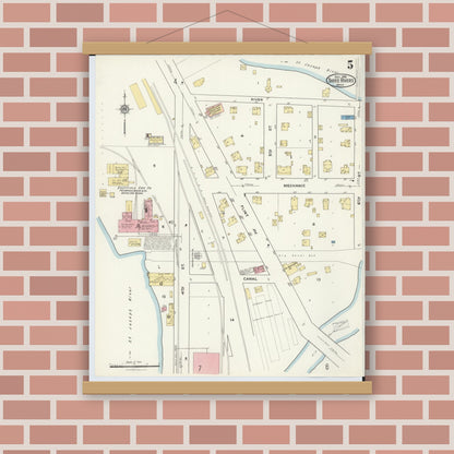 Old map wall art mockup — magnetic wood frame on brick wall — Sanborn Fire Insurance Map from Three Rivers, Saint Joseph County, Michigan (1916), Sheet #0005
