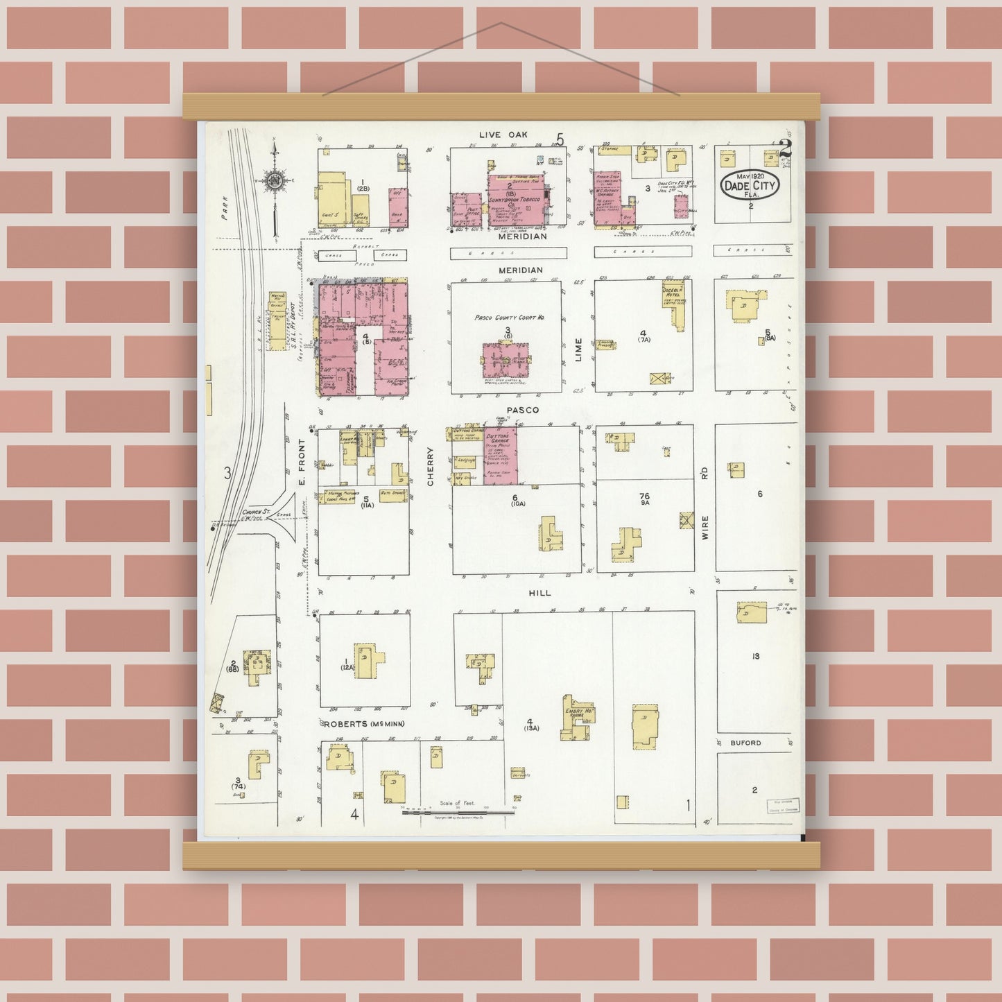 Old map wall art mockup — magnetic wood frame on brick wall — Sanborn Fire Insurance Map from Dade City, Pasco County, Florida (1920), Sheet #0002