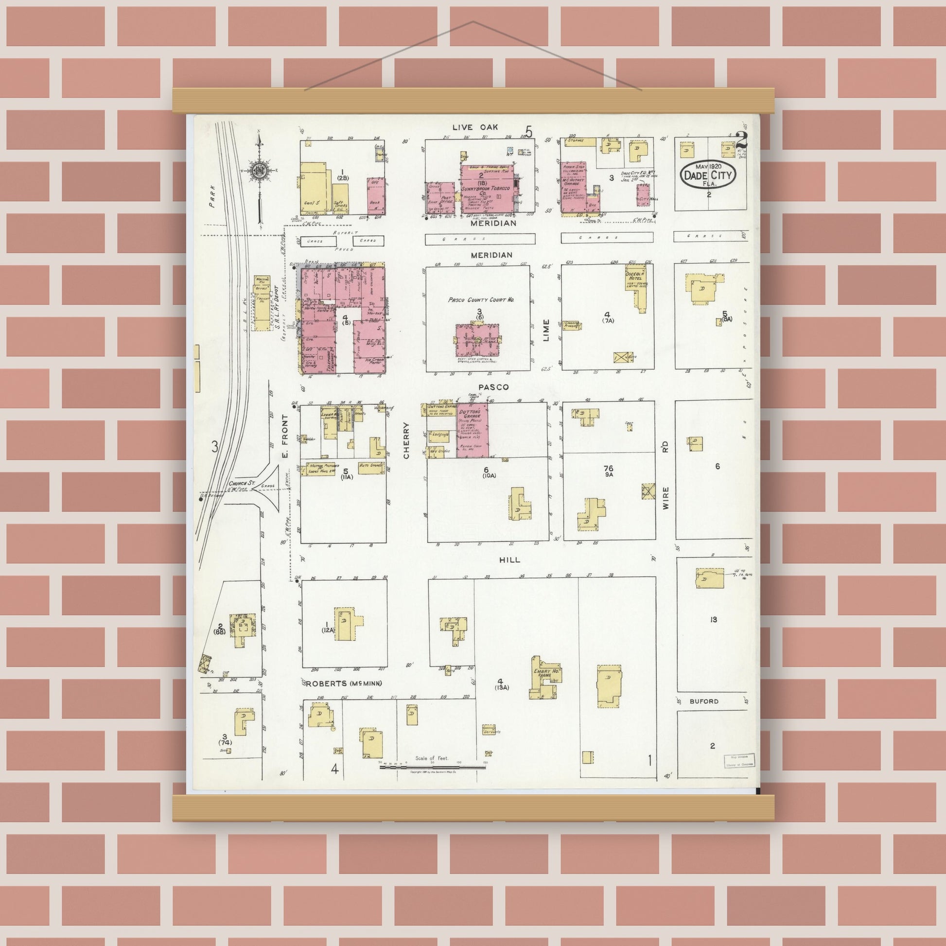 Old map wall art mockup — magnetic wood frame on brick wall — Sanborn Fire Insurance Map from Dade City, Pasco County, Florida (1920), Sheet #0002