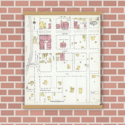 Old map wall art mockup — magnetic wood frame on brick wall — Sanborn Fire Insurance Map from Dade City, Pasco County, Florida (1920), Sheet #0002