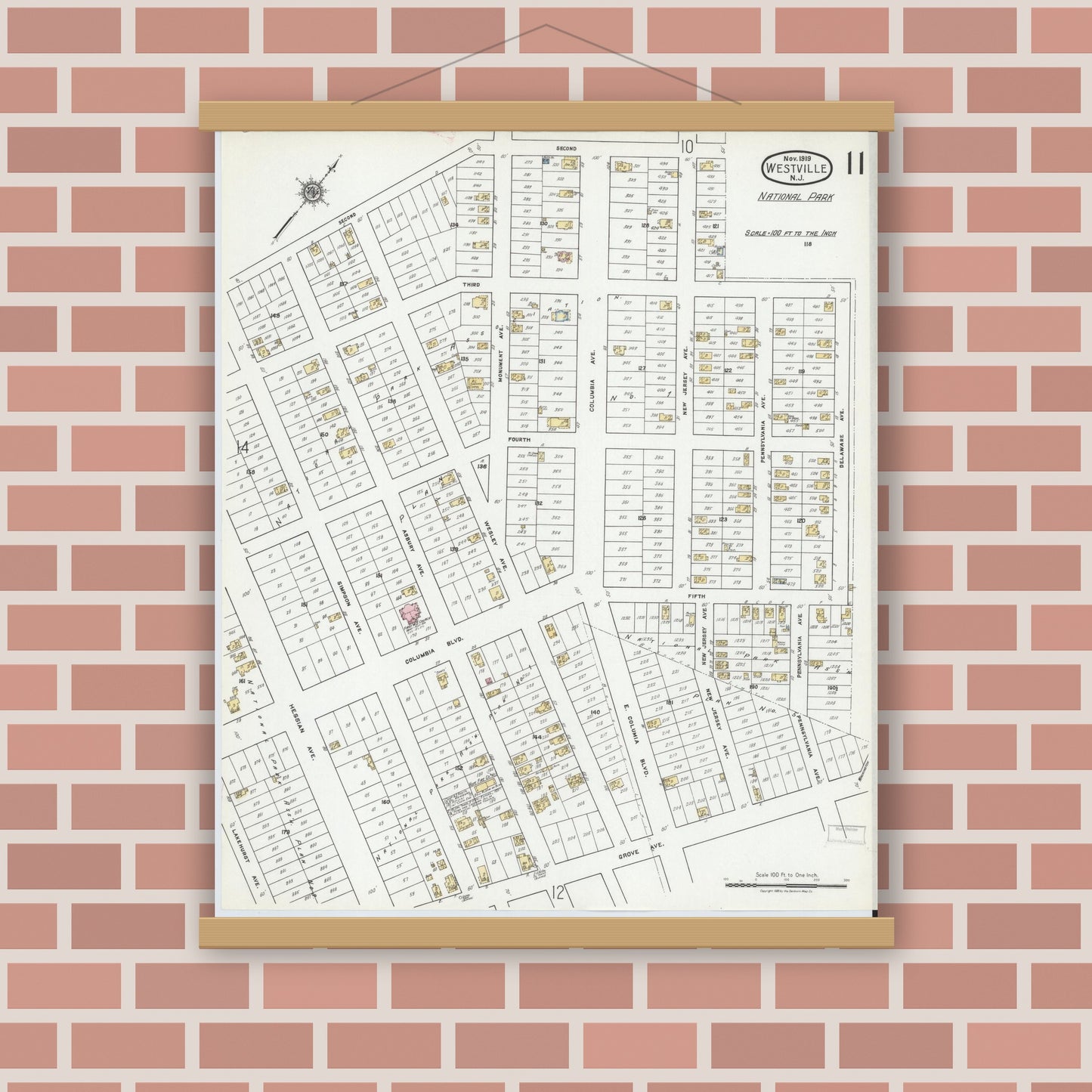 Old map wall art mockup — magnetic wood frame on brick wall — Sanborn Fire Insurance Map from Westville, Gloucester County, New Jersey (1919), Sheet #0011