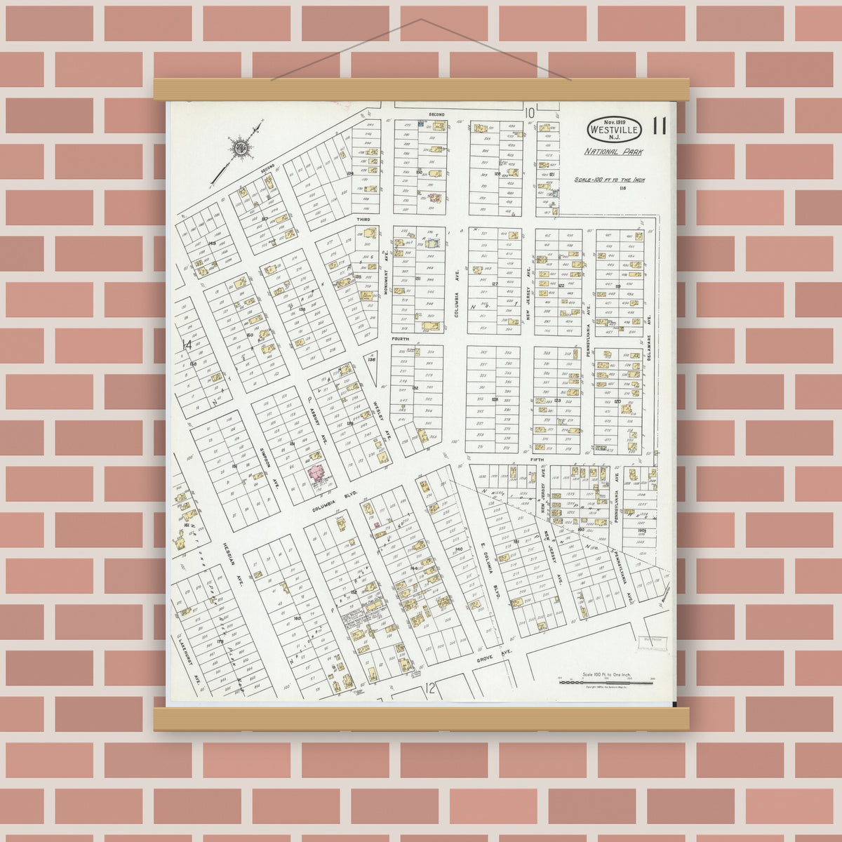 Old map wall art mockup — magnetic wood frame on brick wall — Sanborn Fire Insurance Map from Westville, Gloucester County, New Jersey (1919), Sheet #0011