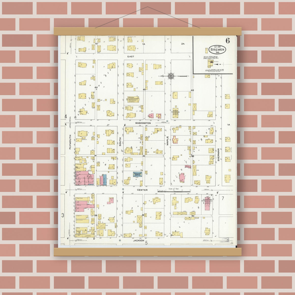 Old map wall art mockup — magnetic wood frame on brick wall — Sanborn Fire Insurance Map from Bremen, Marshall County, Indiana (1910), Sheet #0006