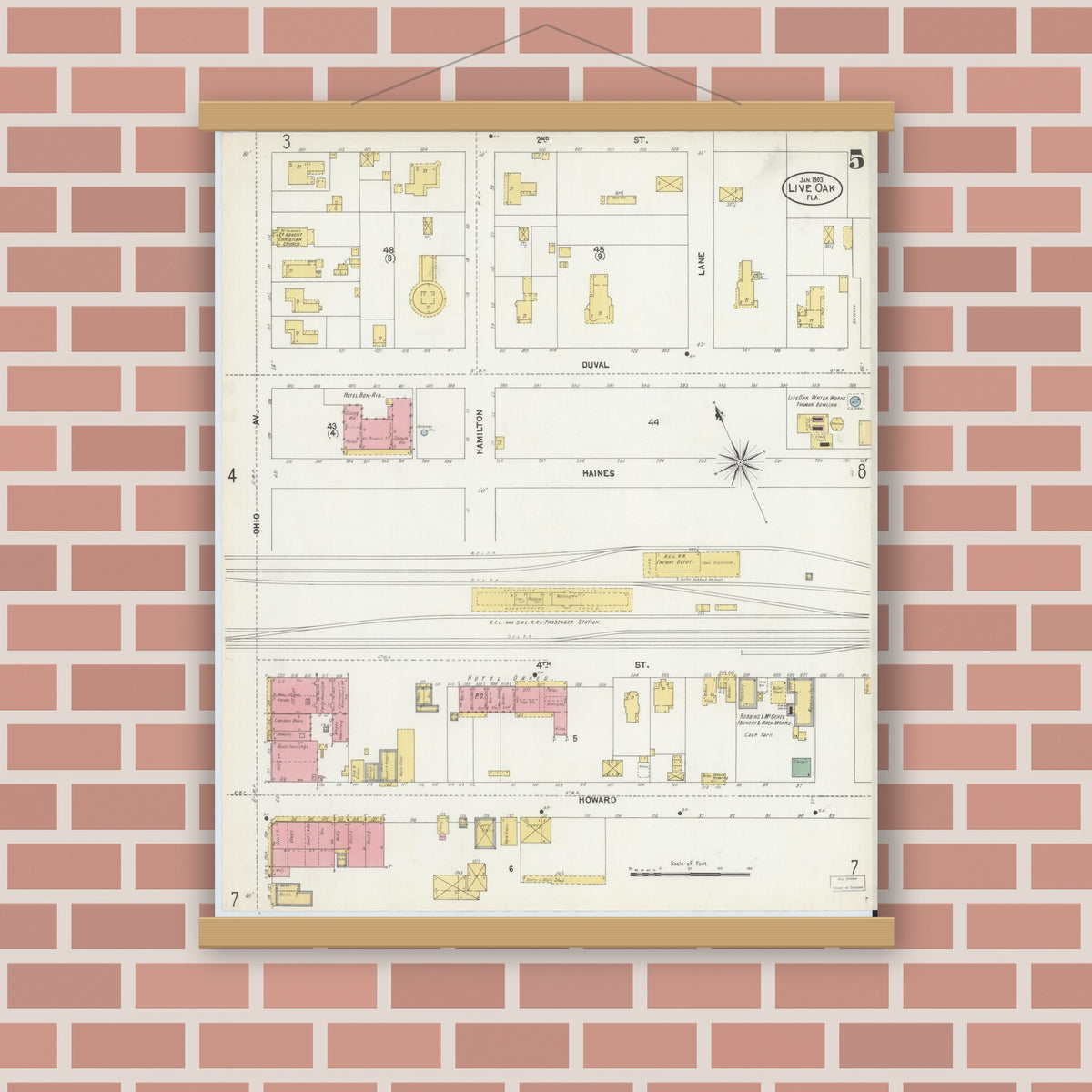 Old map wall art mockup — magnetic wood frame on brick wall — Sanborn Fire Insurance Map from Live Oak, Suwanee County, Florida (1903), Sheet #0005
