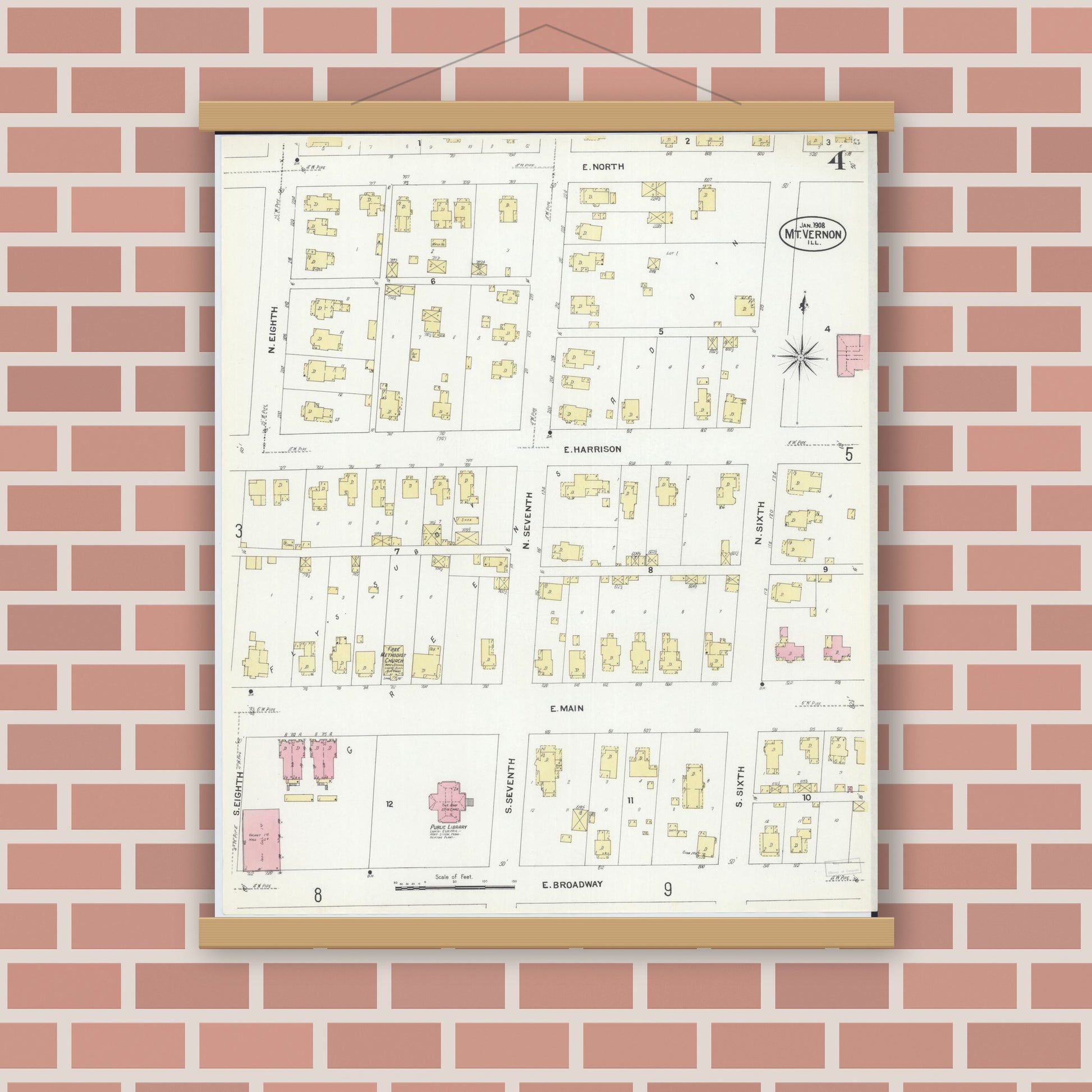 Old map wall art mockup — magnetic wood frame on brick wall — Sanborn Fire Insurance Map from Mount Vernon, Jefferson County, Illinois (1908), Sheet #0004