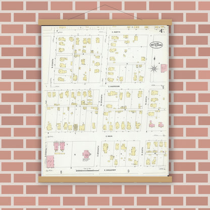 Old map wall art mockup — magnetic wood frame on brick wall — Sanborn Fire Insurance Map from Mount Vernon, Jefferson County, Illinois (1908), Sheet #0004