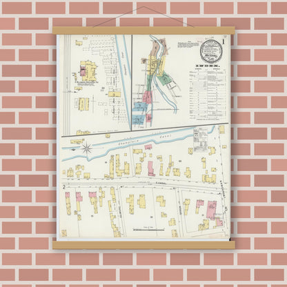 Old map wall art mockup — magnetic wood frame on brick wall — Sanborn Fire Insurance Map from Whitehall, Washington County, New York (1896), Sheet #0001