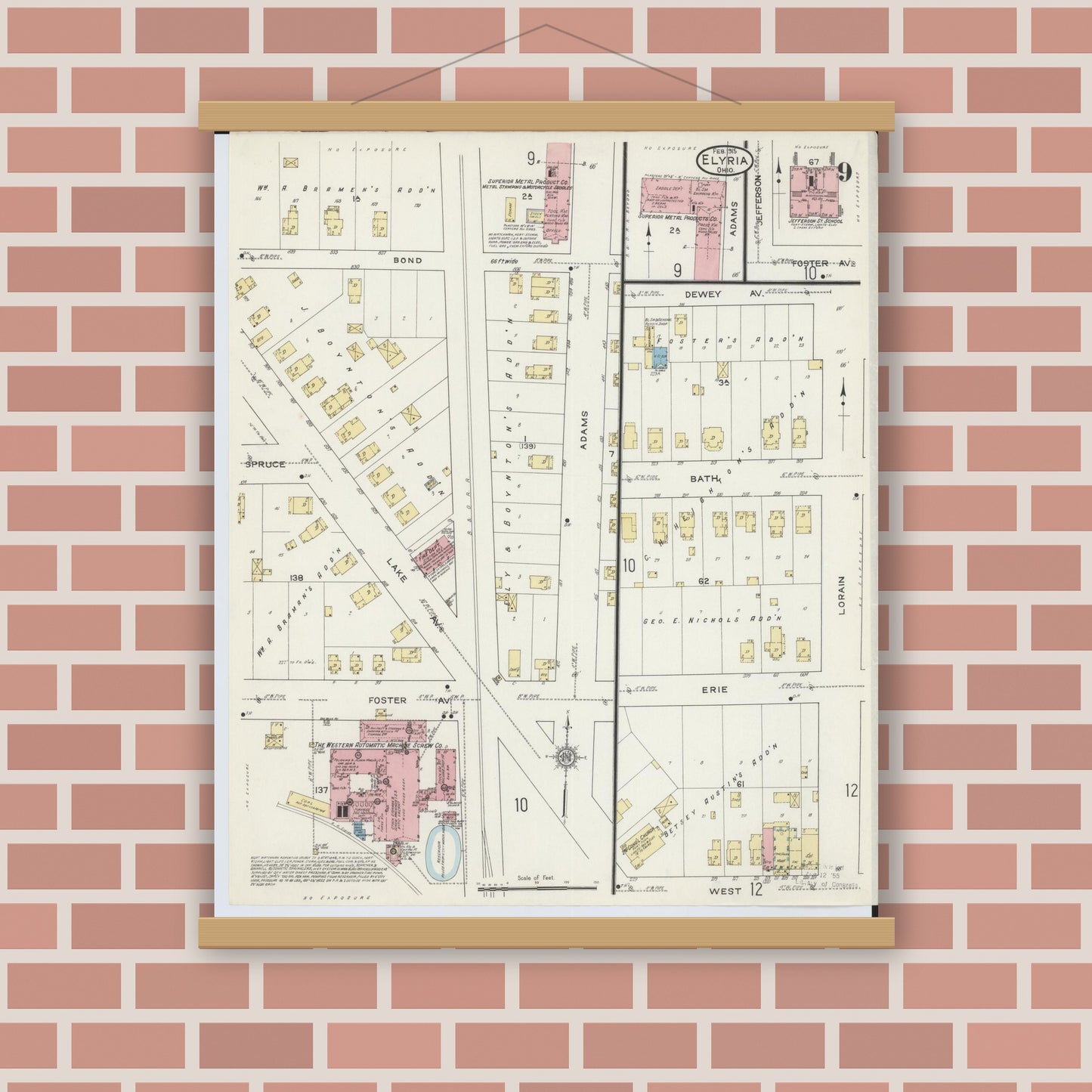 Old map wall art mockup — magnetic wood frame on brick wall — Sanborn Fire Insurance Map from Elyria, Lorain County, Ohio (1915), Sheet #0009