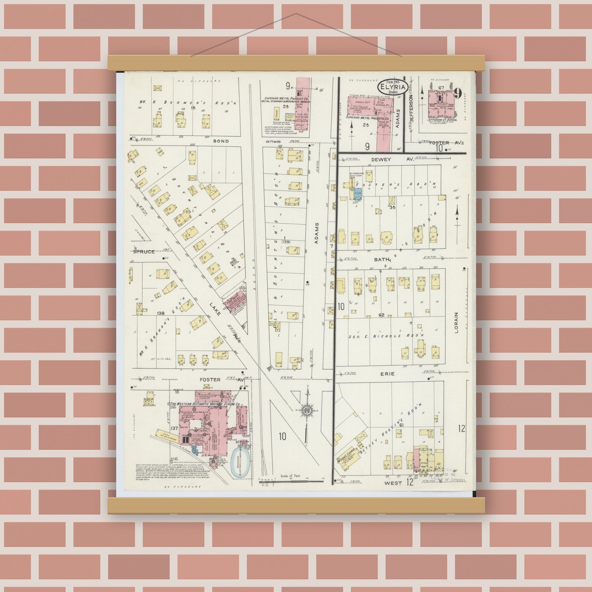 Old map wall art mockup — magnetic wood frame on brick wall — Sanborn Fire Insurance Map from Elyria, Lorain County, Ohio (1915), Sheet #0009