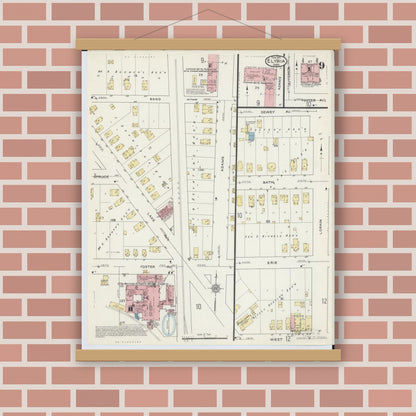 Old map wall art mockup — magnetic wood frame on brick wall — Sanborn Fire Insurance Map from Elyria, Lorain County, Ohio (1915), Sheet #0009