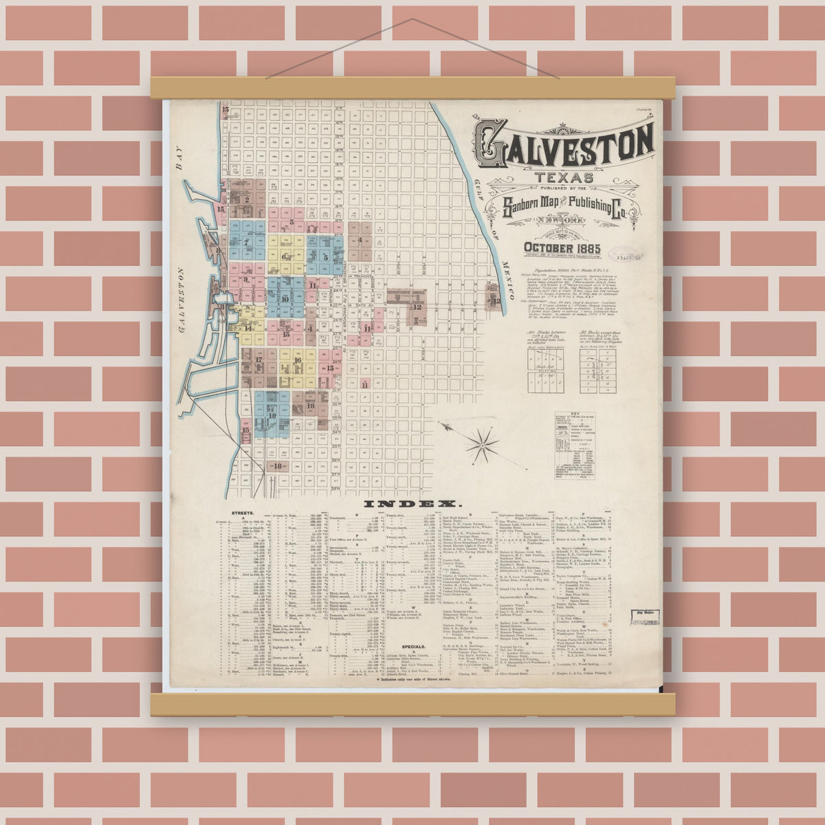 Old map wall art mockup — magnetic wood frame on brick wall — Sanborn Fire Insurance Map from Galveston, Galveston County, Texas (1885), Sheet #0001