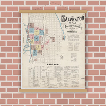 Old map wall art mockup — magnetic wood frame on brick wall — Sanborn Fire Insurance Map from Galveston, Galveston County, Texas (1885), Sheet #0001
