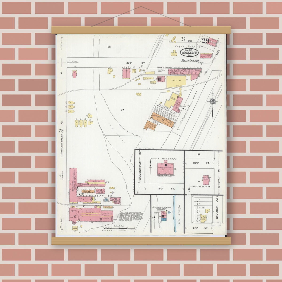 Old map wall art mockup — magnetic wood frame on brick wall — Sanborn Fire Insurance Map from Waukegan, Lake County, Illinois (1917), Sheet #0029