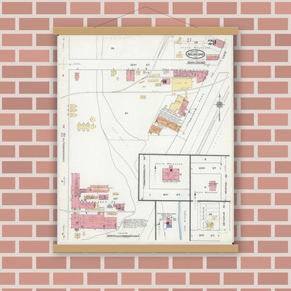 Old map wall art mockup — magnetic wood frame on brick wall — Sanborn Fire Insurance Map from Waukegan, Lake County, Illinois (1917), Sheet #0029