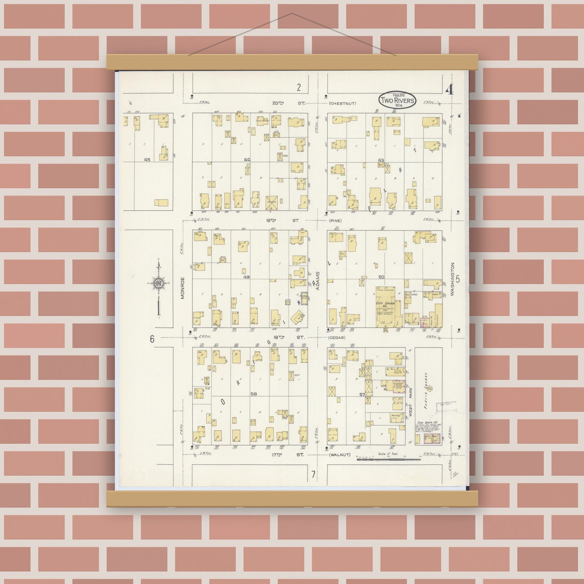 Old map wall art mockup — magnetic wood frame on brick wall — Sanborn Fire Insurance Map from Two Rivers, Manitowoc County, Wisconsin (1913), Sheet #0004