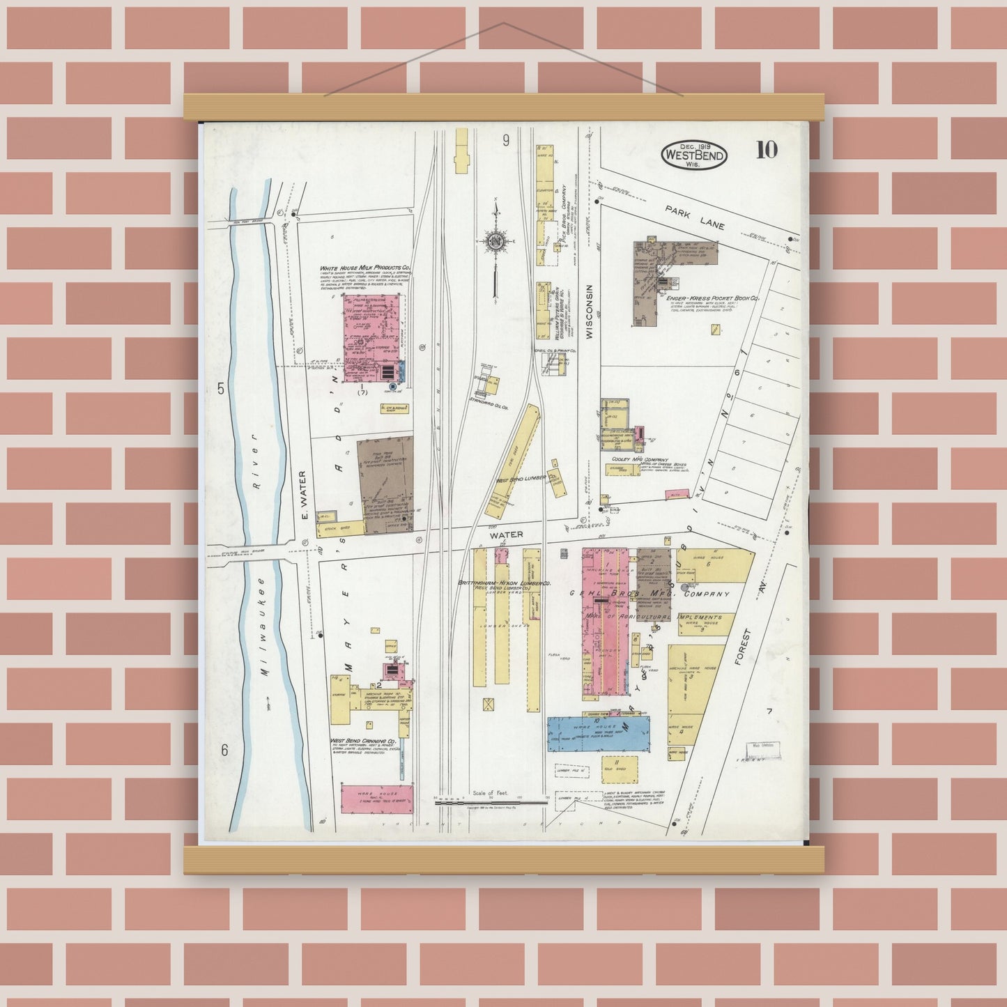 Old map wall art mockup — magnetic wood frame on brick wall — Sanborn Fire Insurance Map from West Bend, Washington County, Wisconsin (1919), Sheet #0010