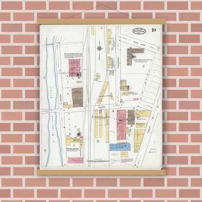 Old map wall art mockup — magnetic wood frame on brick wall — Sanborn Fire Insurance Map from West Bend, Washington County, Wisconsin (1919), Sheet #0010