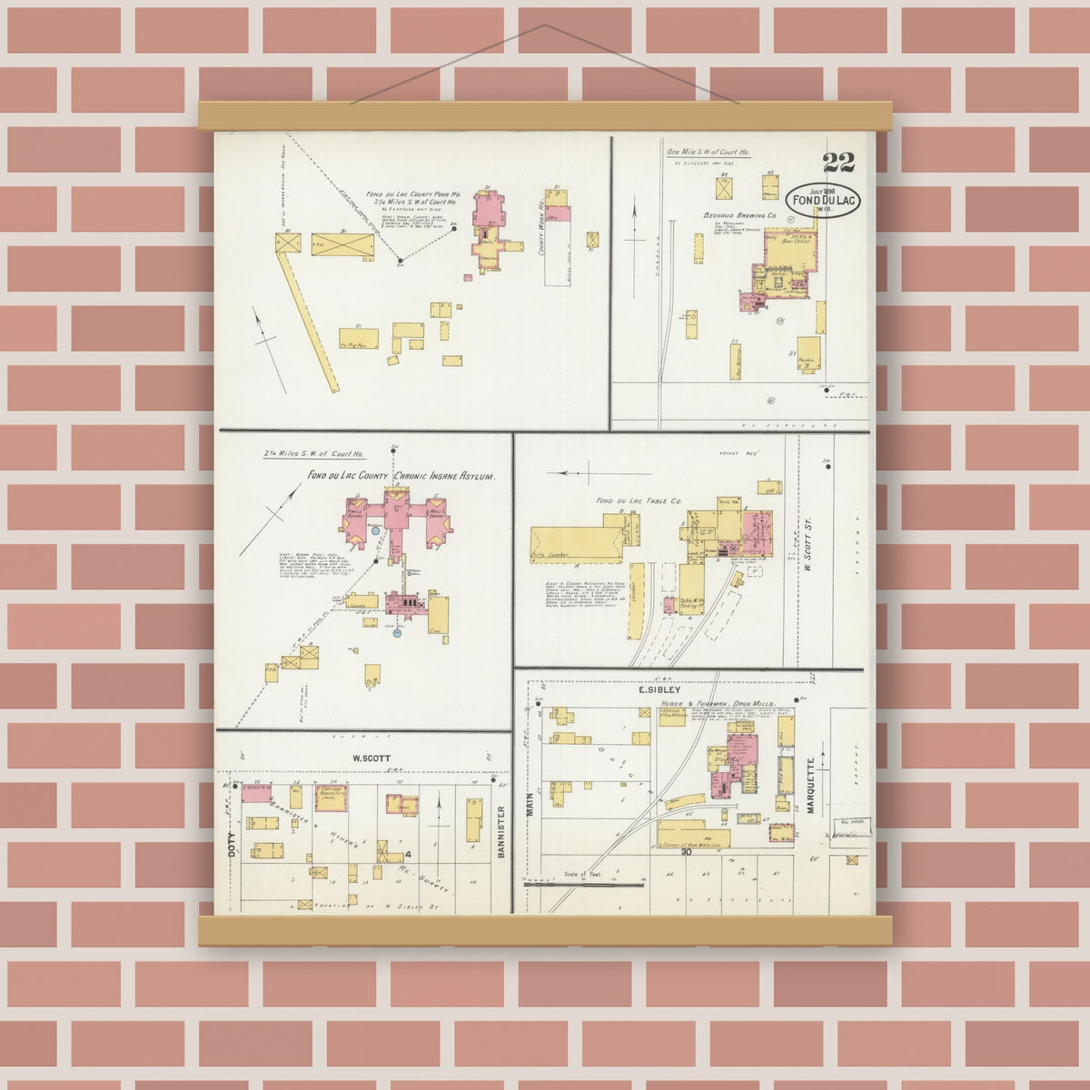 Old map wall art mockup — magnetic wood frame on brick wall — Sanborn Fire Insurance Map from Fond du Lac, Fond du Lac County, Wisconsin (1898), Sheet #0022