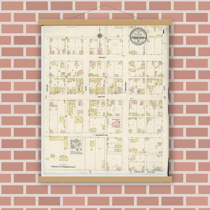 Old map wall art mockup — magnetic wood frame on brick wall — Sanborn Fire Insurance Map from Farmersville, Montogomery County, Ohio (1912), Sheet #0001