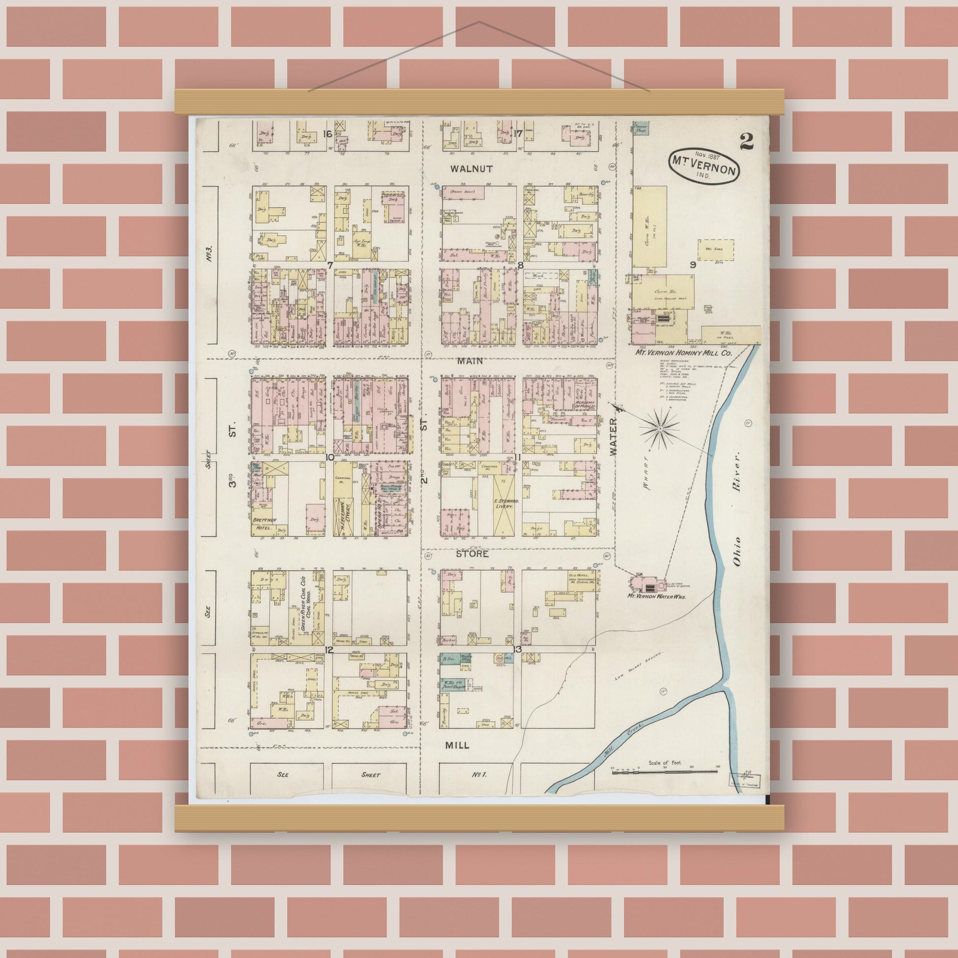 Old map wall art mockup — magnetic wood frame on brick wall — Sanborn Fire Insurance Map from Mount Vernon, Posey County, Indiana (1887), Sheet #0002