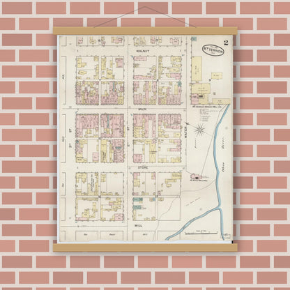 Old map wall art mockup — magnetic wood frame on brick wall — Sanborn Fire Insurance Map from Mount Vernon, Posey County, Indiana (1887), Sheet #0002