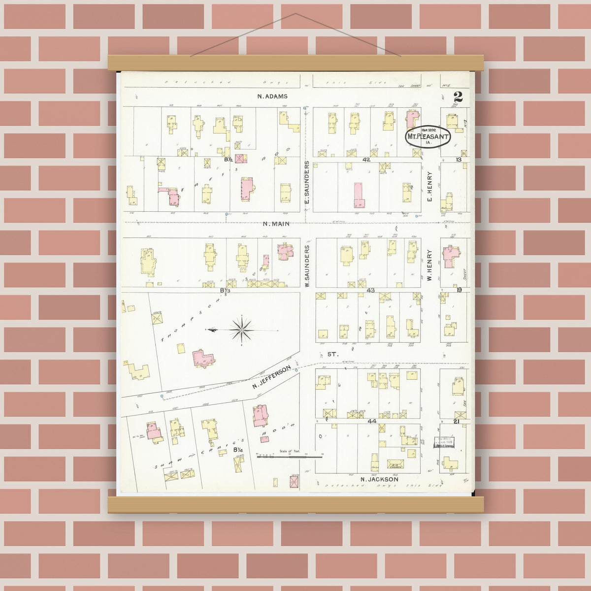 Old map wall art mockup — magnetic wood frame on brick wall — Sanborn Fire Insurance Map from Mount Pleasant, Henry County, Iowa (1892), Sheet #0002