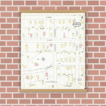 Old map wall art mockup — magnetic wood frame on brick wall — Sanborn Fire Insurance Map from Mount Pleasant, Henry County, Iowa (1892), Sheet #0002