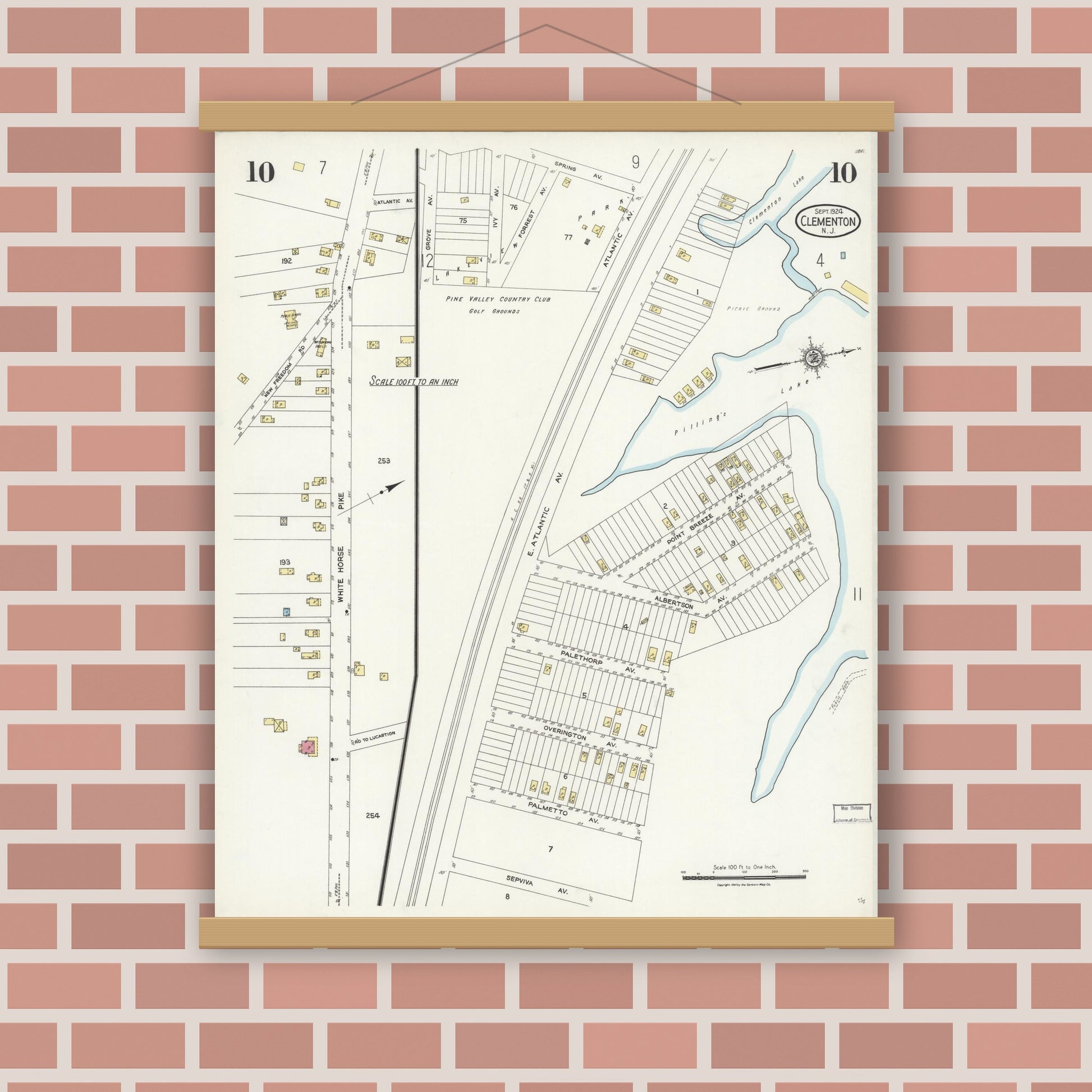 Old map wall art mockup — magnetic wood frame on brick wall — Sanborn Fire Insurance Map from Clementon, Camden County, New Jersey (1924), Sheet #0010