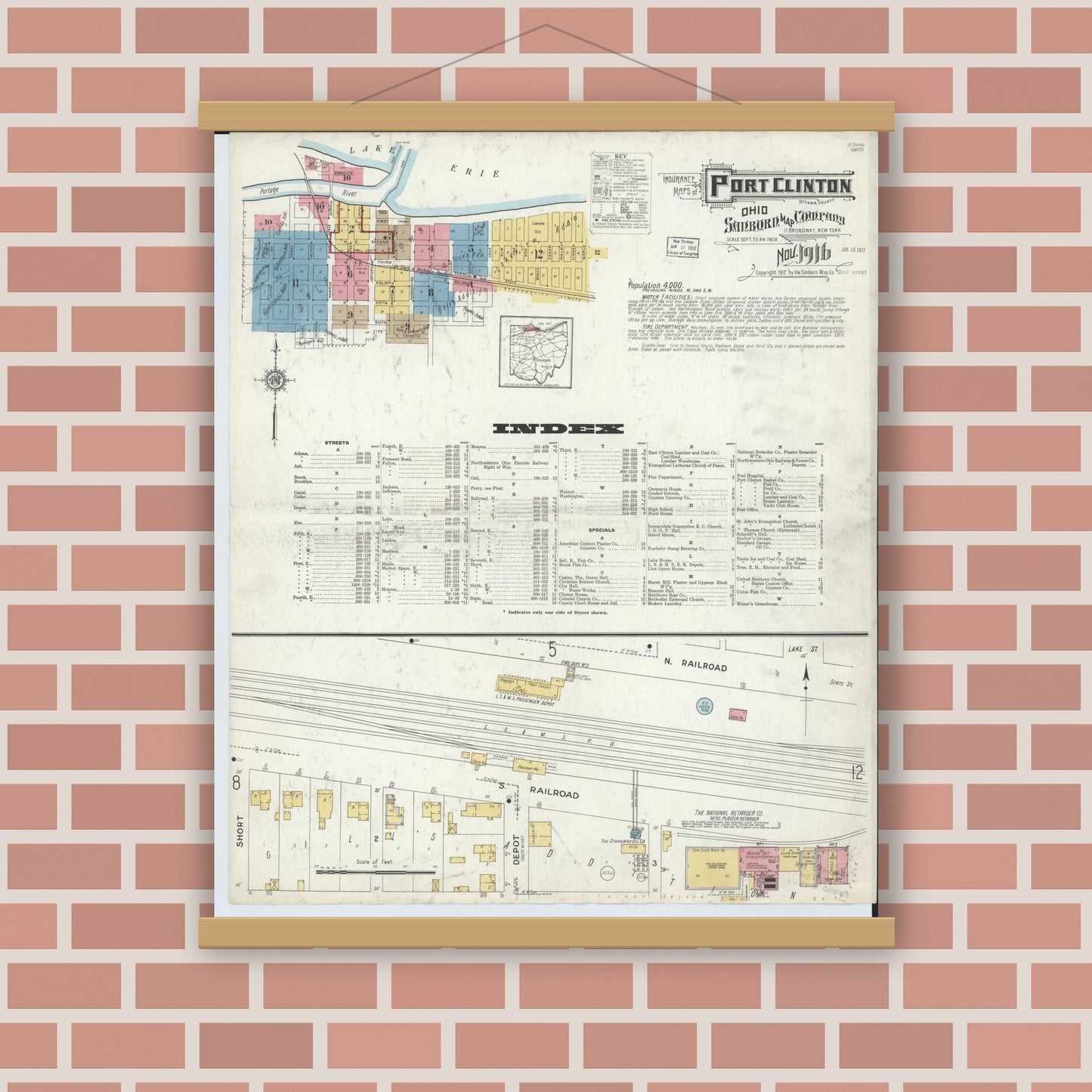 Old map wall art mockup — magnetic wood frame on brick wall — Sanborn Fire Insurance Map from Port Clinton, Ottawa County, Ohio (1916) - Complete Map Set
