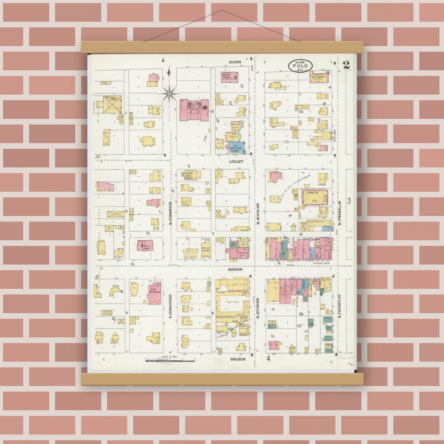 Old map wall art mockup — magnetic wood frame on brick wall — Sanborn Fire Insurance Map from Polo, Ogle County, Illinois (1905), Sheet #0002