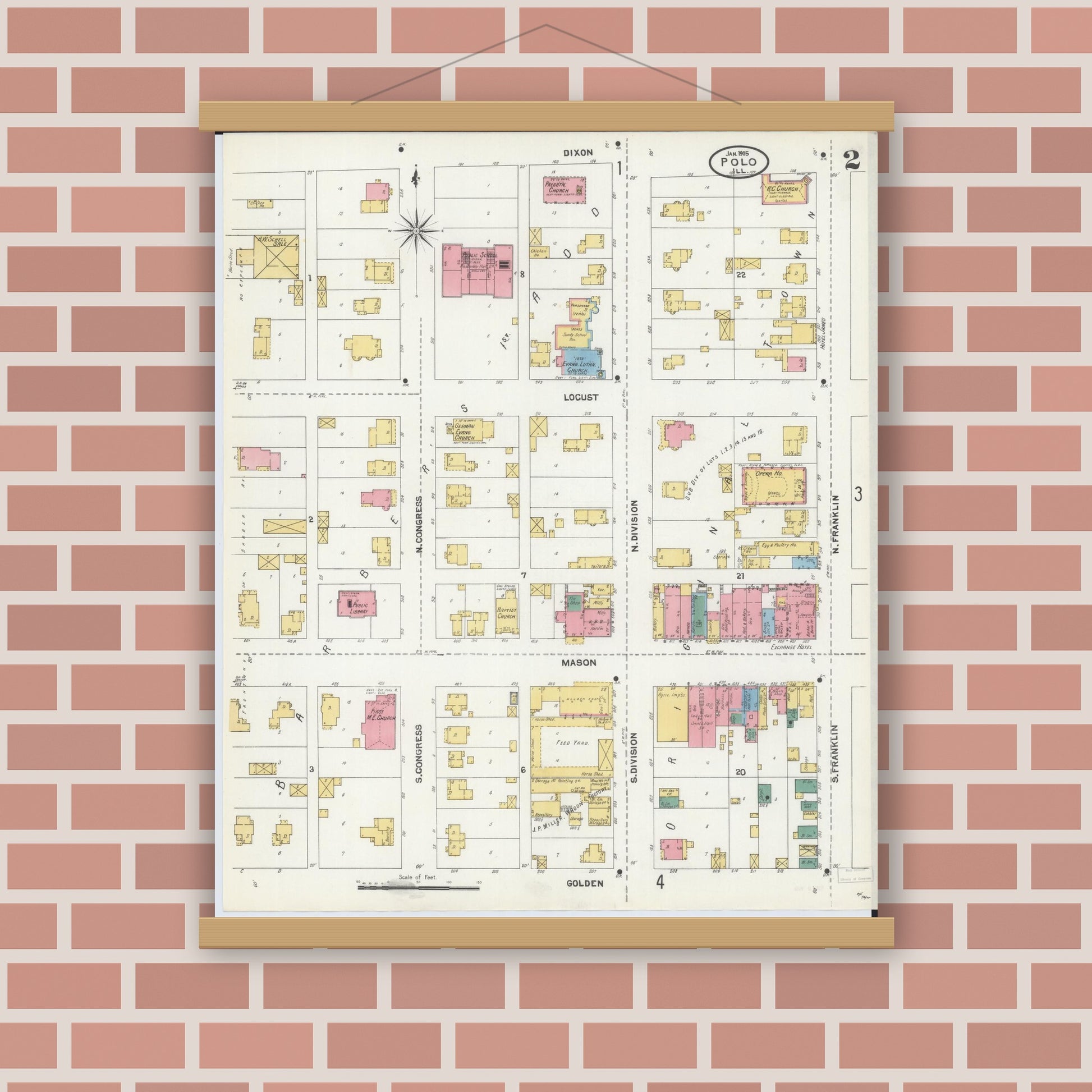 Old map wall art mockup — magnetic wood frame on brick wall — Sanborn Fire Insurance Map from Polo, Ogle County, Illinois (1905), Sheet #0002