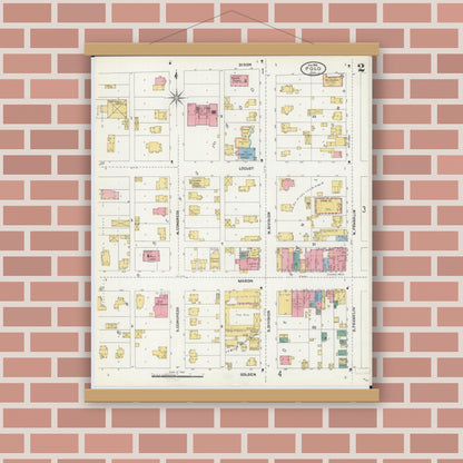 Old map wall art mockup — magnetic wood frame on brick wall — Sanborn Fire Insurance Map from Polo, Ogle County, Illinois (1905), Sheet #0002