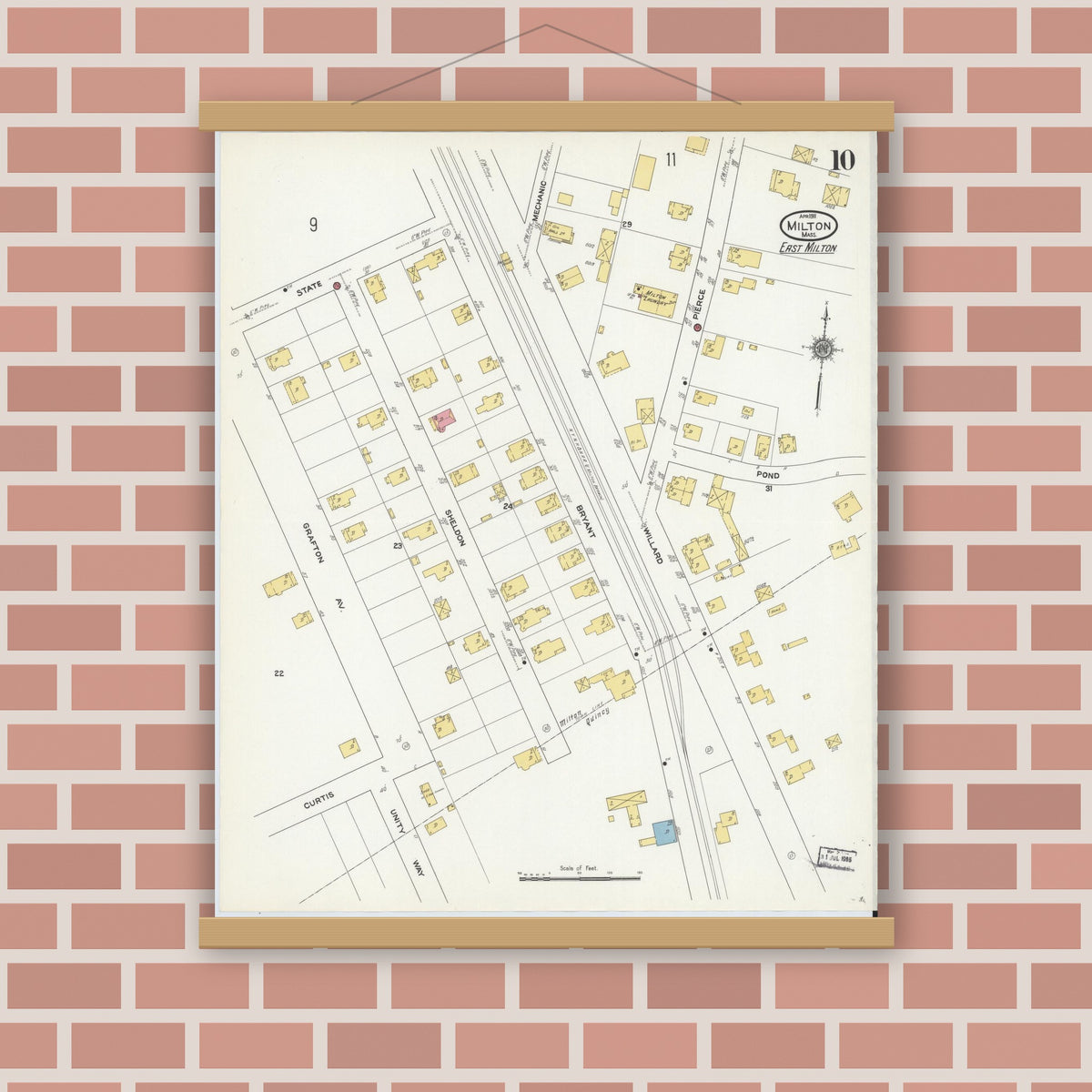 Old map wall art mockup — magnetic wood frame on brick wall — Sanborn Fire Insurance Map from Milton, Norfolk County, Massachusetts (1911), Sheet #0010